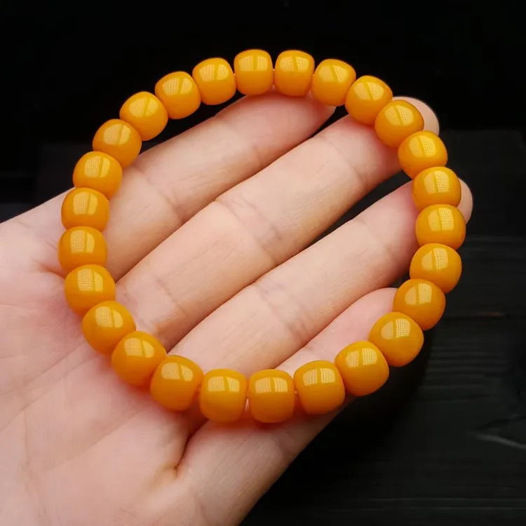 天然老蜜蜡老形手串 直径约8.5厚约7毫米重约9.5克精工鸡油黄手链