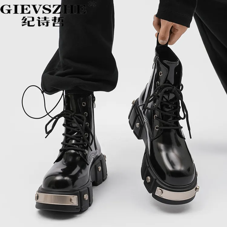 纪诗哲马丁靴冬季金属情侣拉链机车靴增高鞋男鞋痞帅马丁靴男士