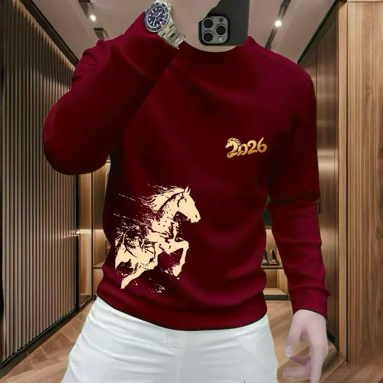 马年红色圆领修身卫衣男女款2026款本命年上衣服秋冬加绒宽松外套