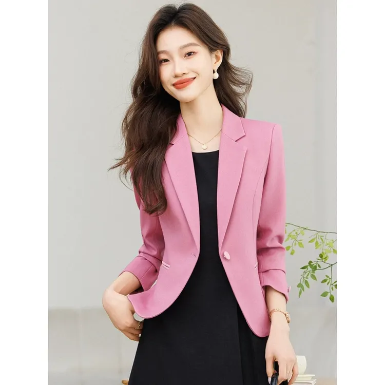 粉色小西装外套女2025春秋新款高级感气质休闲名媛小个子西服上衣