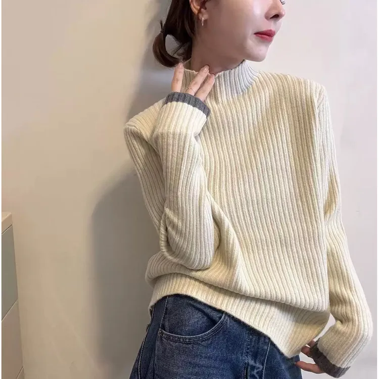欧洲站2025冬季新款欧货简约袖口拼色边半高领坑条羊毛针织打底衫