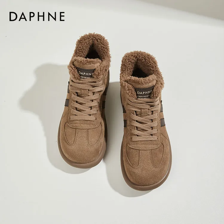 达芙妮运动休闲鞋加绒棉鞋女鞋2025冬季新款复古厚底德训鞋高帮鞋
