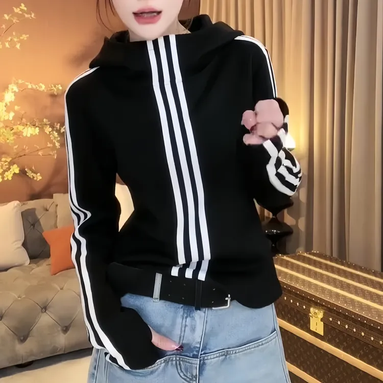 连帽打底衫女2025春秋新款时尚条纹三条杠长袖百搭气质显瘦上衣女