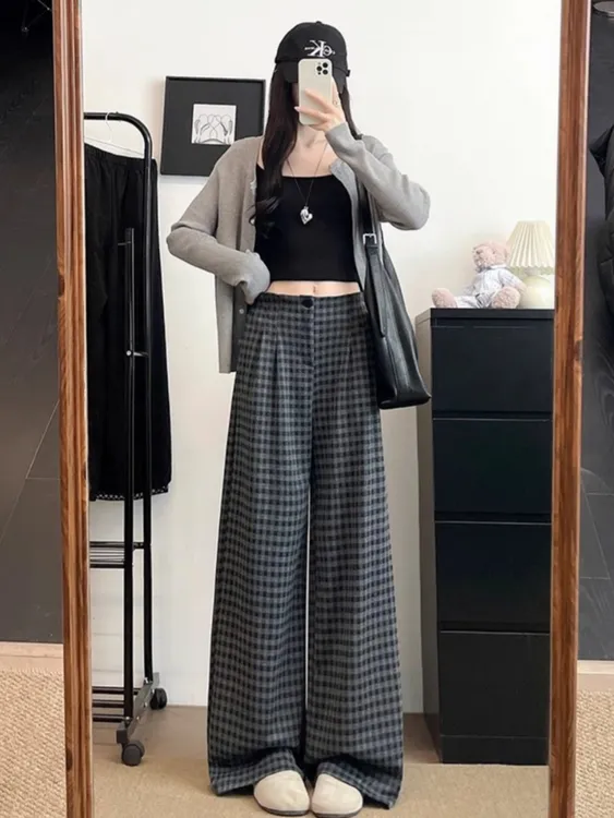 黑灰色复古格子休闲裤女秋冬大码胖mm美式慵懒风宽松直筒阔腿裤子