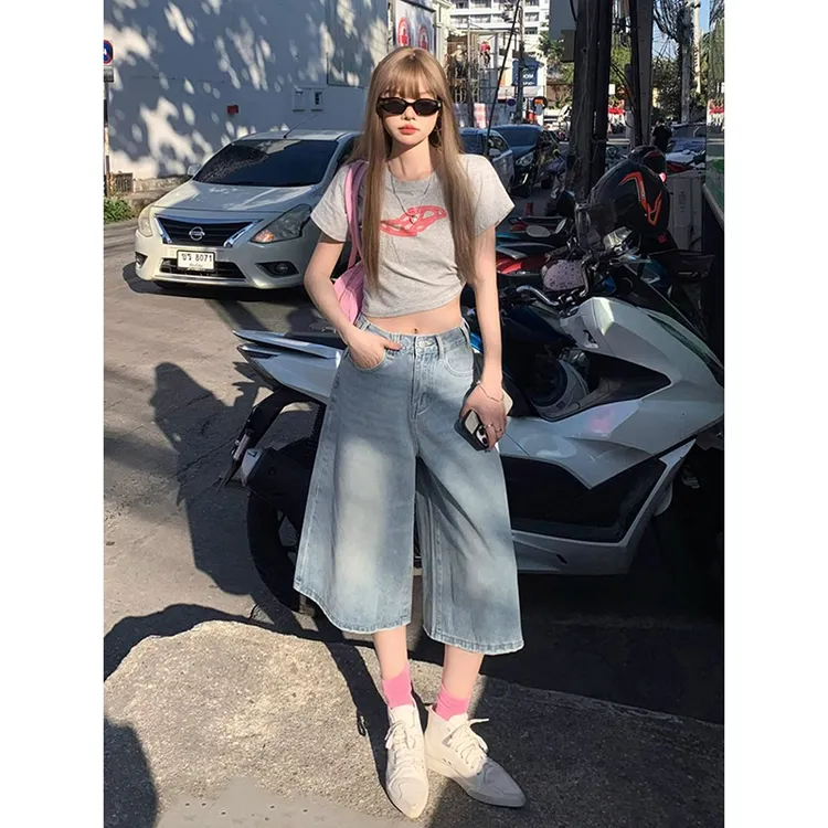 NORNLGGER 直筒阔腿七分牛仔裤女春夏新款高腰显瘦美式复古裤子