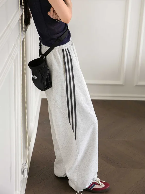 白花灰cleanfit重磅弯刀卫裤男女美式复古三杠条纹阔腿潮流休闲服