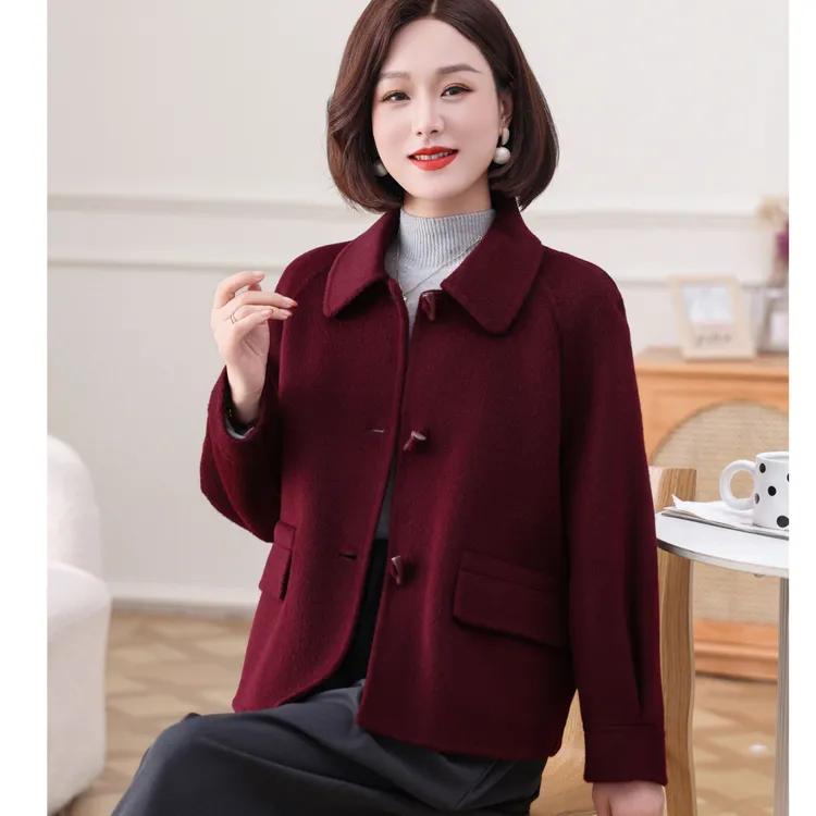 秋冬双面羊毛大衣短款女小方领骆驼绒毛呢子外套5221
