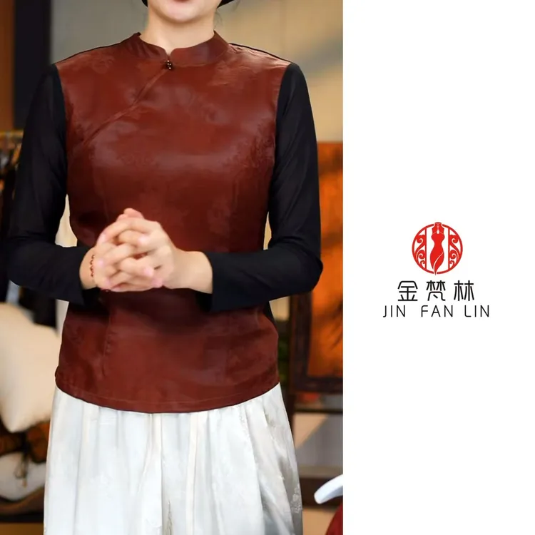 【暗香盈袖】新中式国风提花长袖拼接网纱小衫上衣中年装