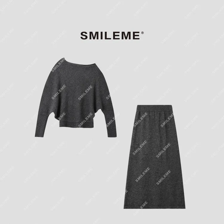 SMILEME【暮光序曲】秋季款绵羊毛混纺一字肩半身裙套装MF02525410