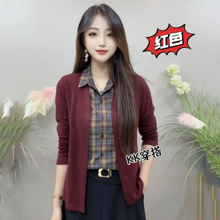 【KK】YLY8996秋季上新假两件纯色外搭经典格子内衬气质百搭衬衫