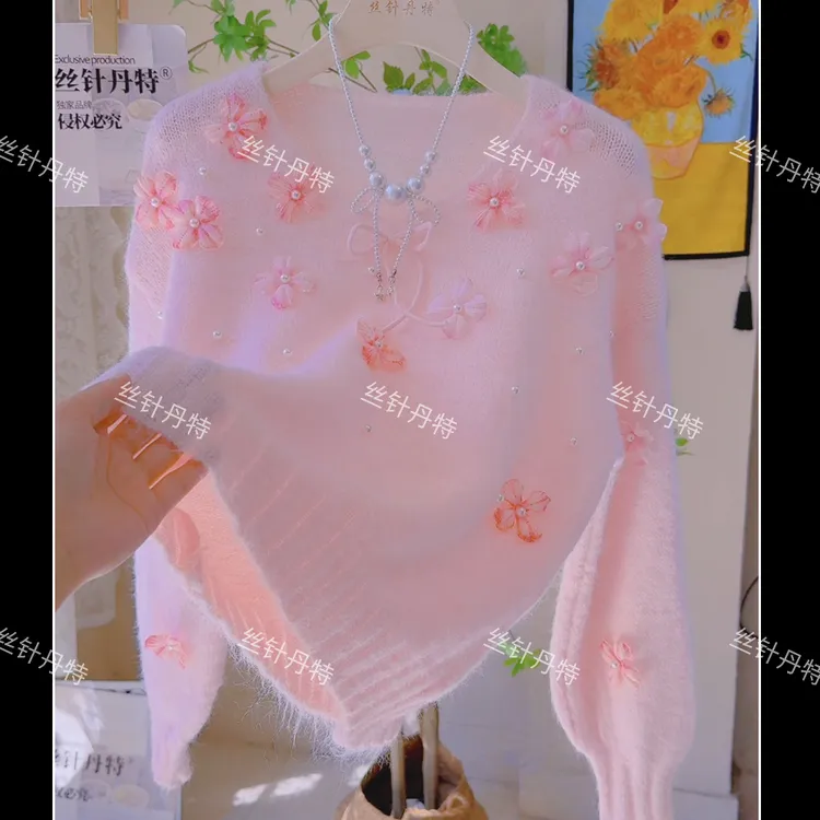 向-蝴蝶结立体花朵设计感系带针织女秋季慵懒风百搭软糯毛衣上衣