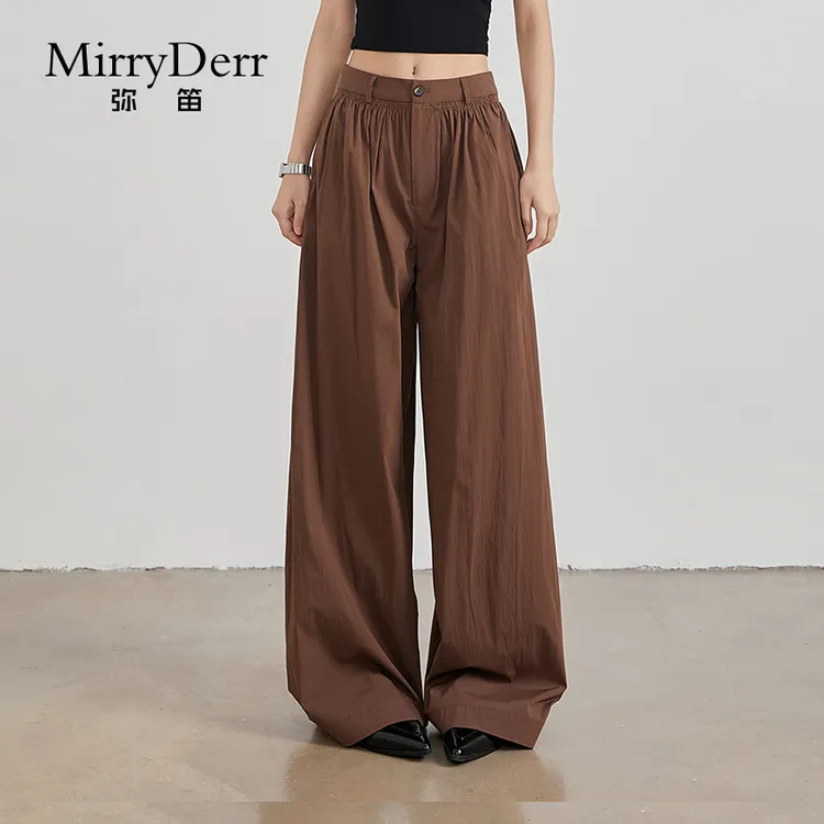MirryDerr/弥笛浅咖色阔腿休闲裤女2025夏季新款舒适垂顺直筒裤子