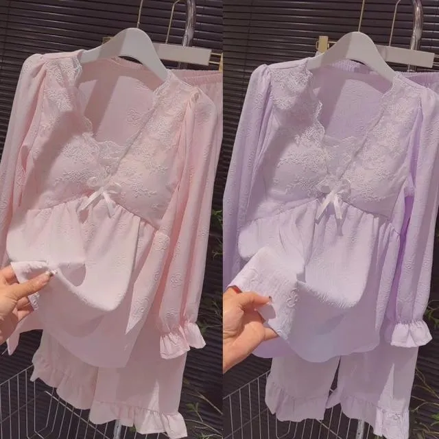 睡衣套装女2024秋冬新款带胸垫外穿公主蕾丝甜美性感家居服两件套