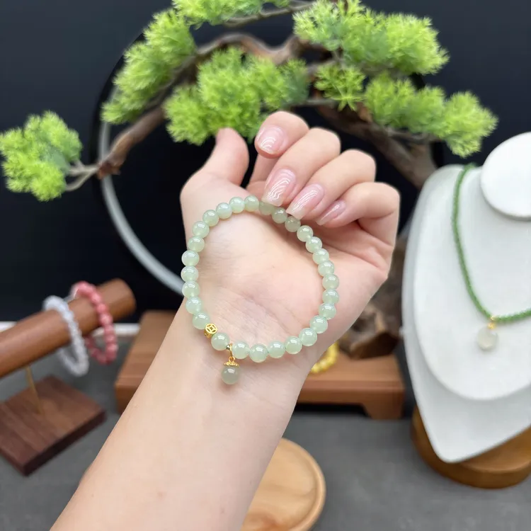 单圈和田玉冰晴卡6MM搭配圆珠滴溜吊坠手串和田玉手链女F91879