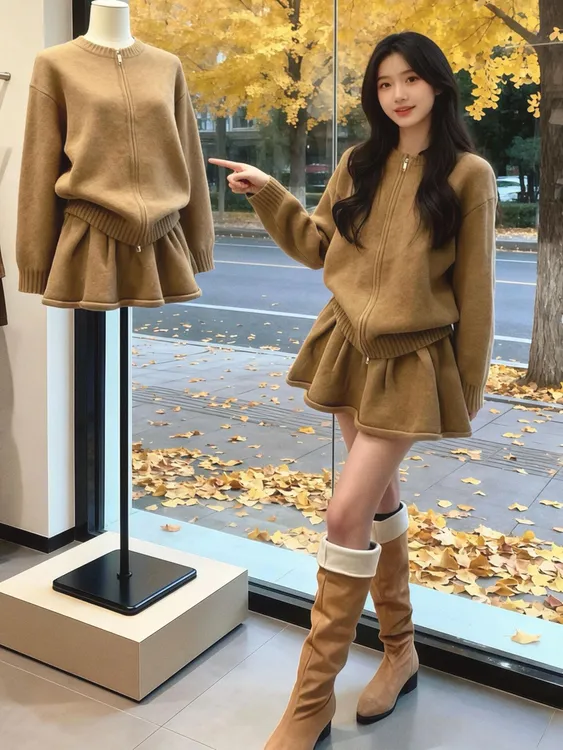 秋冬搭配一整套ootd韩系针织开衫女高腰半身裙气质巨好看两件套女
