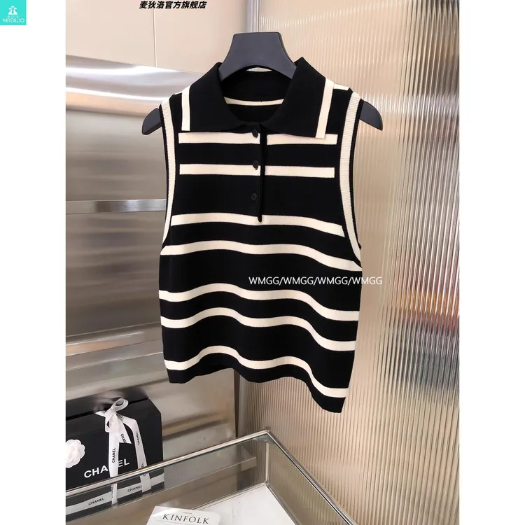 洋气衣服高端黑色条纹翻领针织背心女夏季独特别致气质无袖上衣
