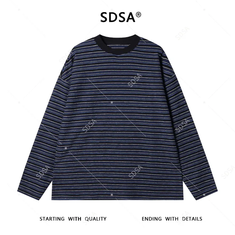 SDSA男士秋冬新款痞帅男装韩版撞色条纹圆领长袖T恤百搭时尚上衣