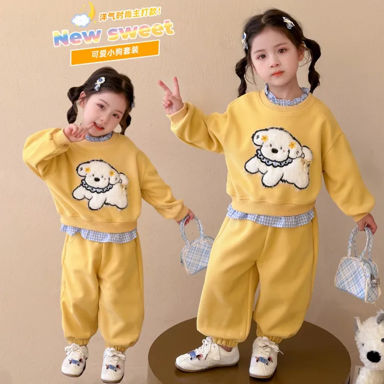 【25秋款上新】女童卫衣套装可爱小狗蝴蝶结时尚领子格两件套
