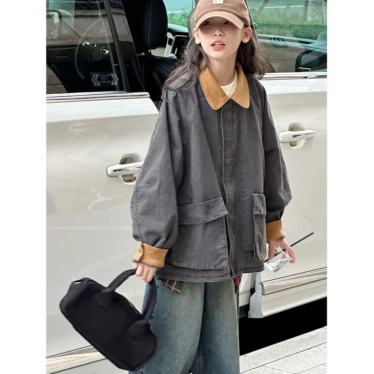 K29846孙小美复古做旧女童秋装外套2025新款春秋儿童上衣拉链衫潮