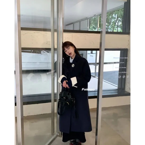 赵小小【莱茵河畔】9720 冬季法式赫本风蝴蝶结装饰中长款外套大衣