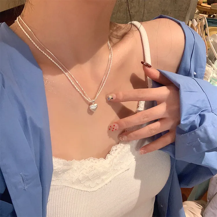 铜吊坠 拉丝双层爱心吊坠项链女时尚小众设计感ins风个性气质