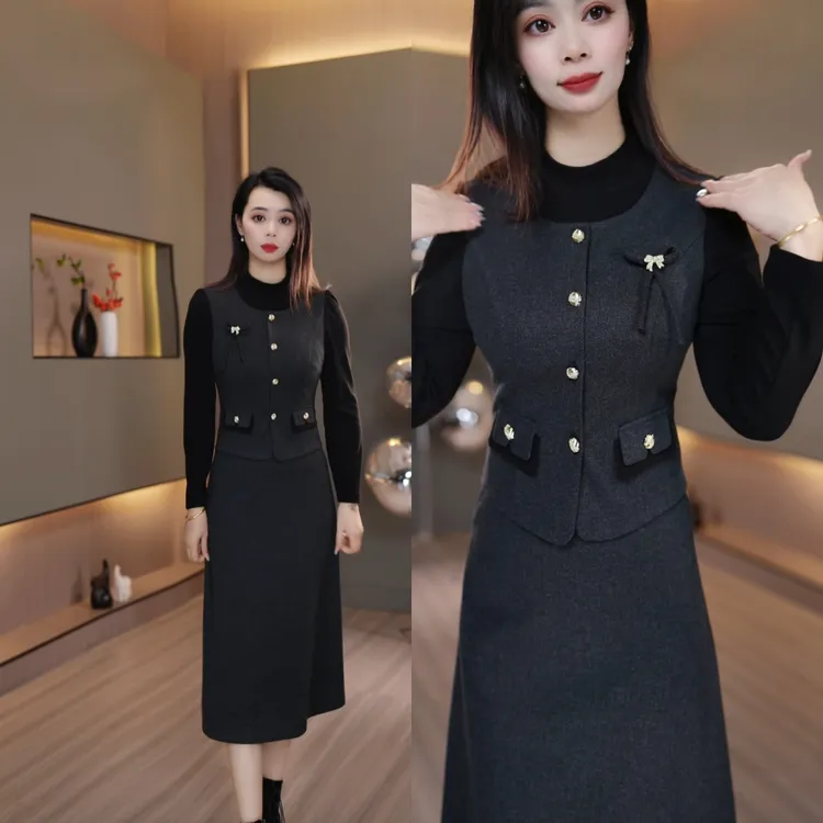 专柜现货J066冬季新款加厚小香风连衣裙假两件蝴蝶结胸针设计感