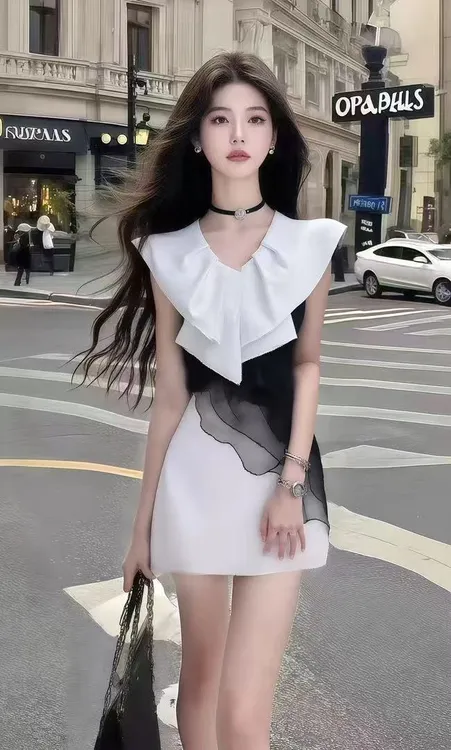  轻奢时尚气质拼接V领修身收腰不规则设计感连衣裙女显瘦百搭小众