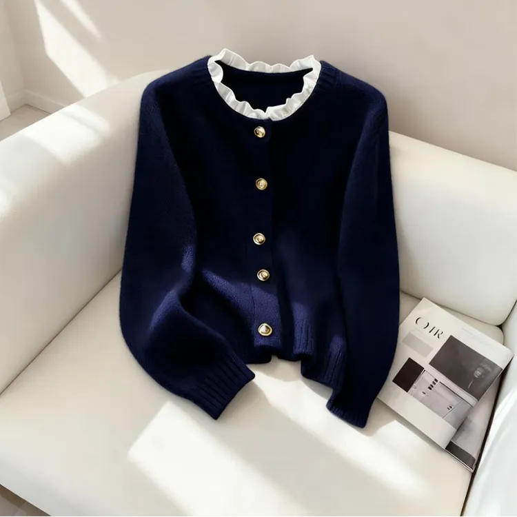 秋季韩系穿搭设计感小众长袖针织衫女高级感小香风藏蓝色毛衣上衣