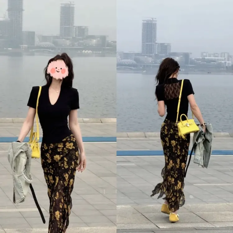 2025夏蕾丝露背V领短袖上衣+时尚不规则压褶工艺花朵半身长裙套装