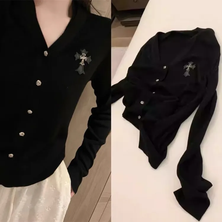 （浠儿家）十字架贴皮长袖针织开衫毛衣女高级感修身显瘦百搭上衣