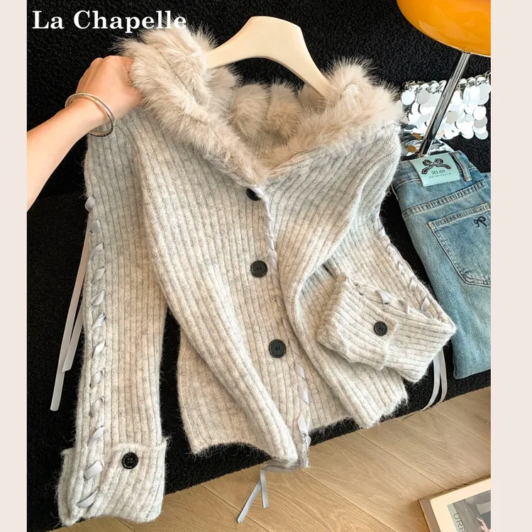 拉夏贝尔慵懒风撞色织带毛衣女冬季新款毛茸翻领外套开衫显瘦上衣