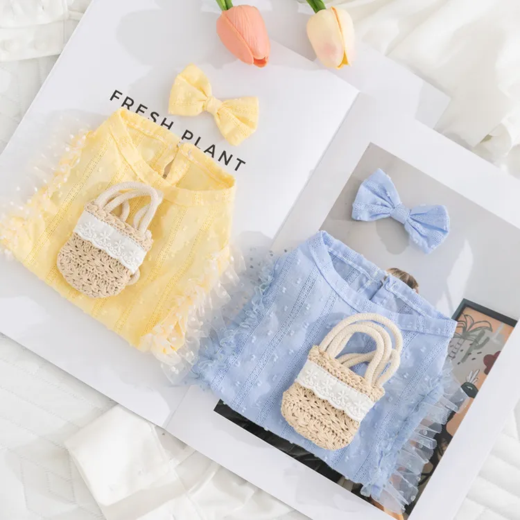 春夏季公主风谧静田园编织挎包背心猫咪两脚蕾丝边裙子宠物狗衣服