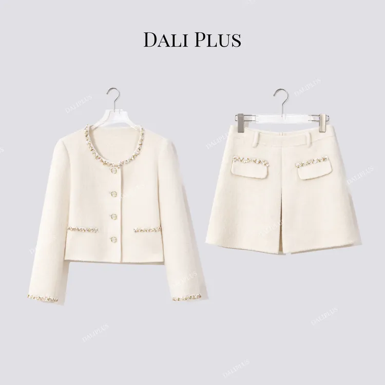 DALI PLUS“双面呢套装”绵羊毛蚕丝免毛海贝呢外套+半裙-D5CH4680