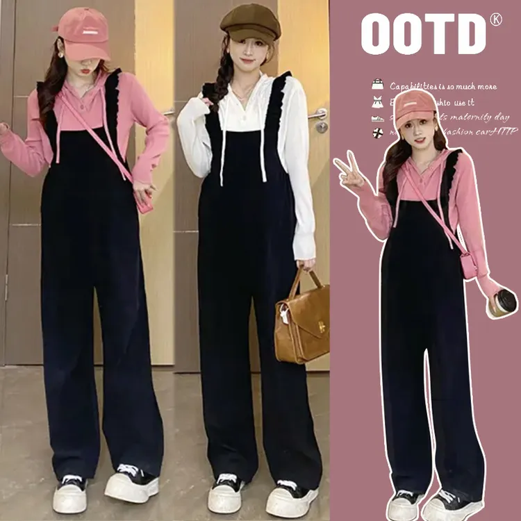 大量j现货2024网红新品孕妇针织+背带裙两件套秋款时尚显瘦套装