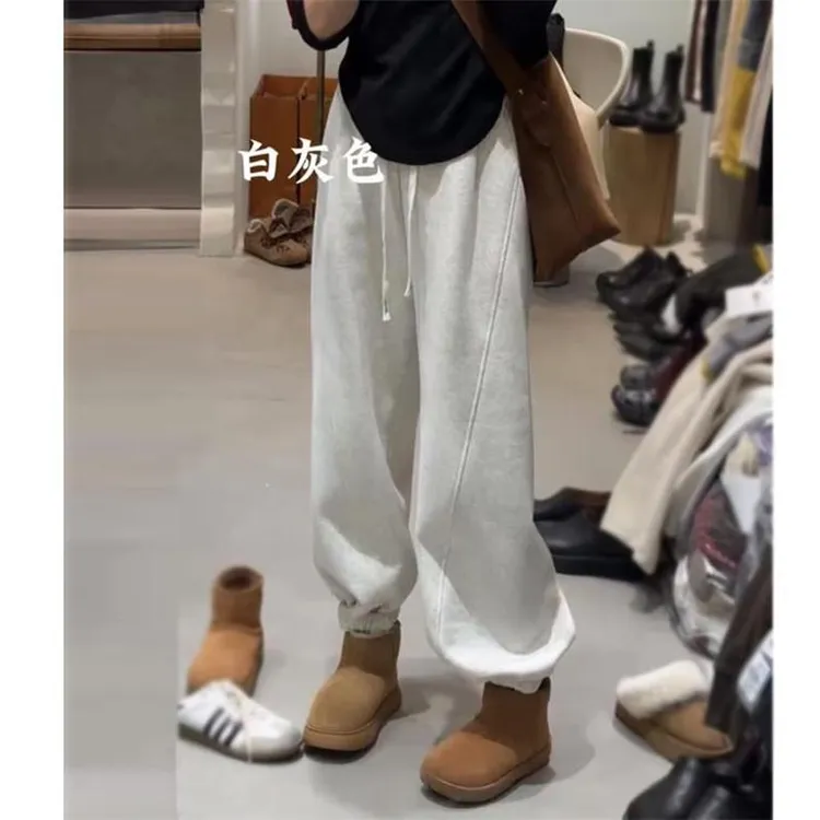 高腰束脚加绒卫裤女新款潮牌女装新款百搭抽绳收口加厚阔腿休闲裤