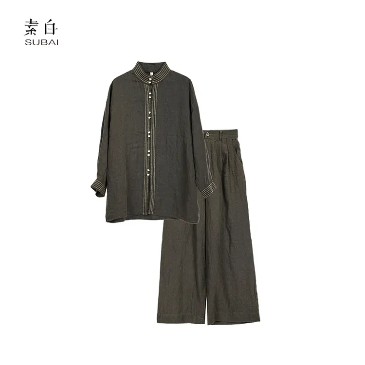素白轻国风【熹莳】Z01112简约时尚慵懒松紧高腰亚麻休闲裤套装