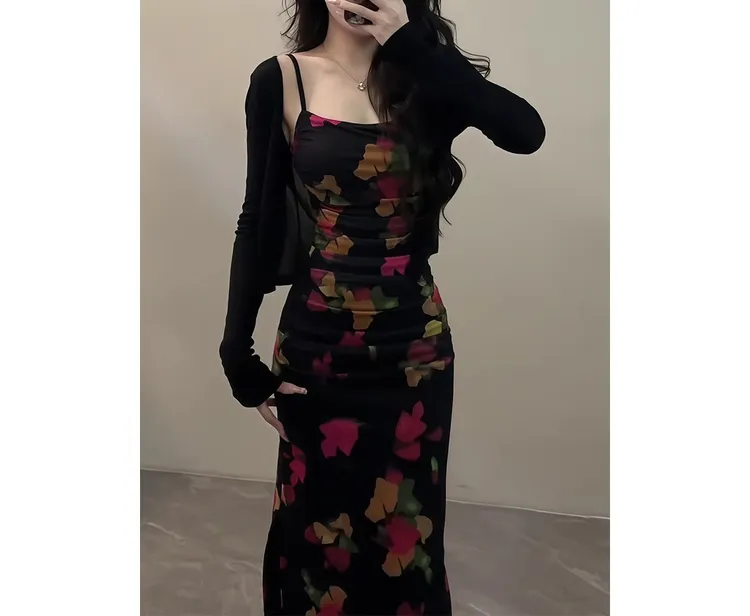 夏季新款印花百搭复古修身开叉包臀时尚吊带连衣裙