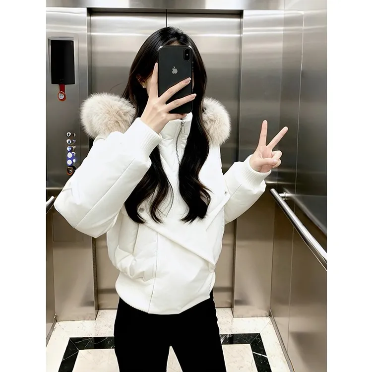 白色大毛领羽绒服女短款2025年冬季新款高级感90白鸭绒派克服外套