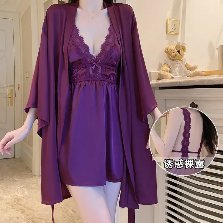 晓晓低胸睡衣纯欲蕾丝火辣露背吊带睡裙外袍家居套装