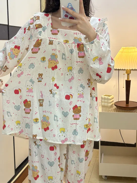 260斤特大码睡衣女春秋款长袖长裤甜美公主风宽松外出家居服套装