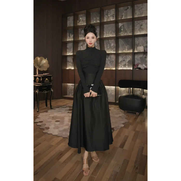 六爻定制 赫本风气质长裙收腰显瘦重工设计感a字连衣裙 9946