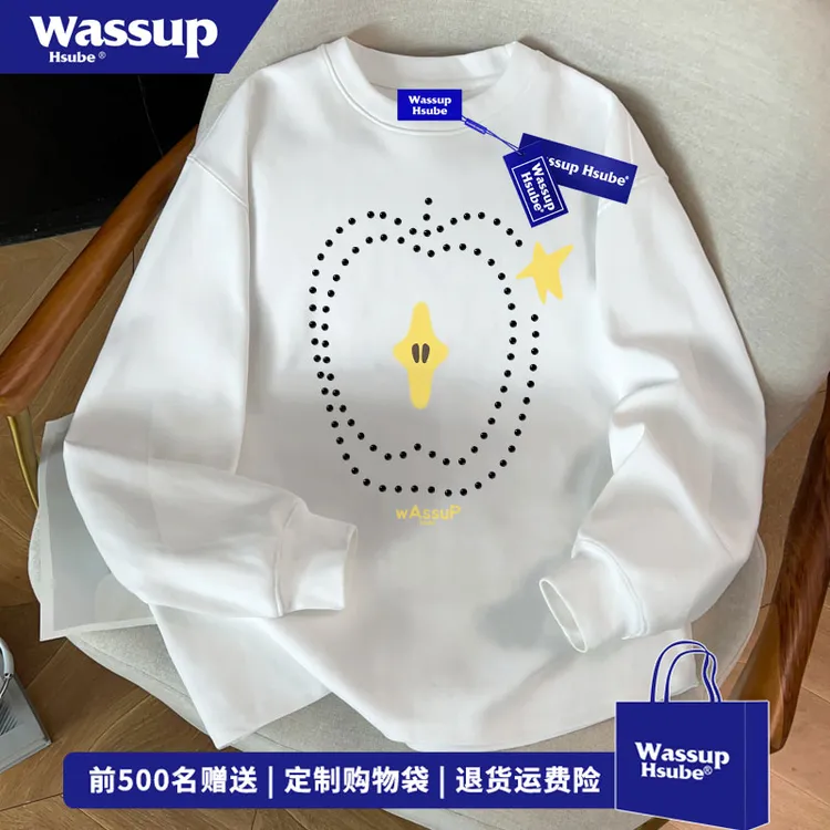 WASSUP HSUBE 美式创意圆点苹果印花白色长袖秋季百搭纯棉上衣男