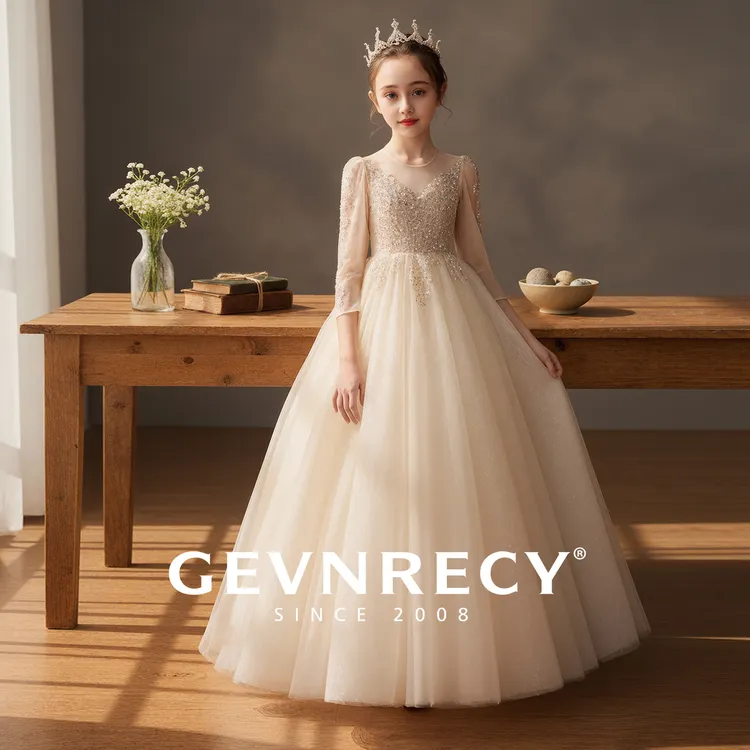 女童高端拖尾礼服花童儿童生日公主裙修身小女孩钢琴主持人演出服