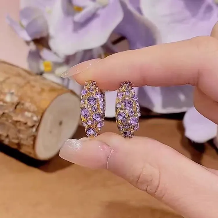 铜合金锆石耳饰 紫色水晶轻奢锆石耳圈重工精致耳环百搭耳饰