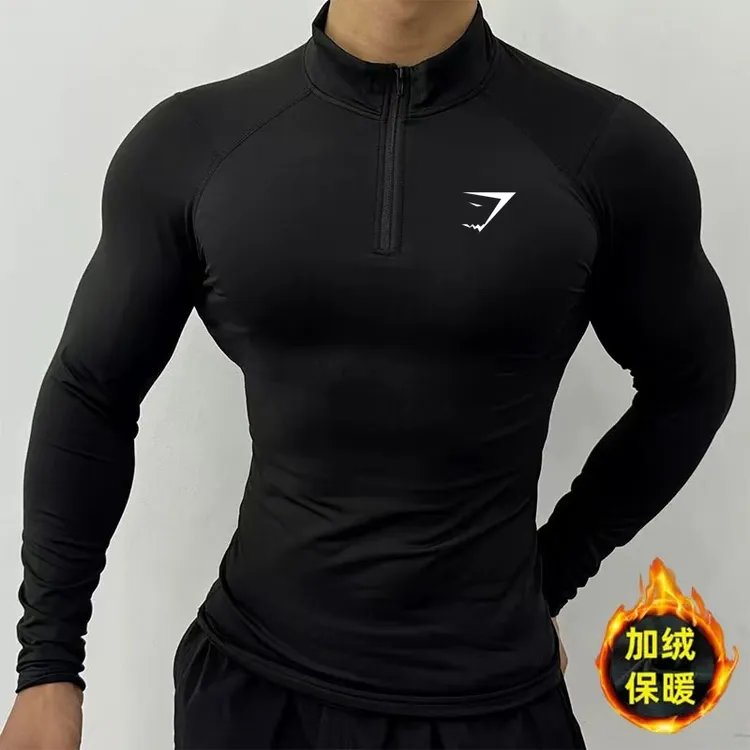 GYMSHARK冬季加绒半拉链长袖健身服男鲨鱼运动立领跑步速干训练服