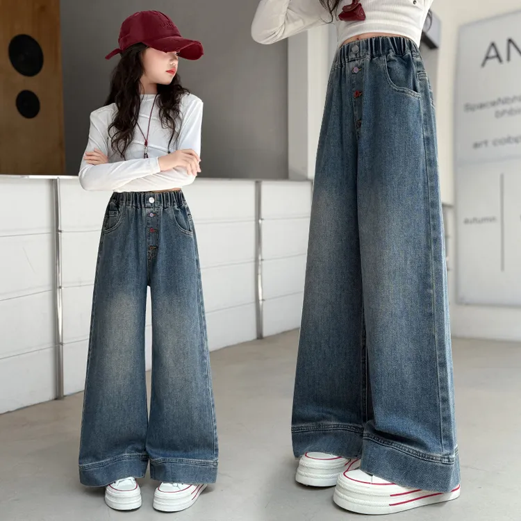 女童阔腿牛仔裤春秋显瘦外穿秋季新款中大童6-12岁洋气宽脚口裤子