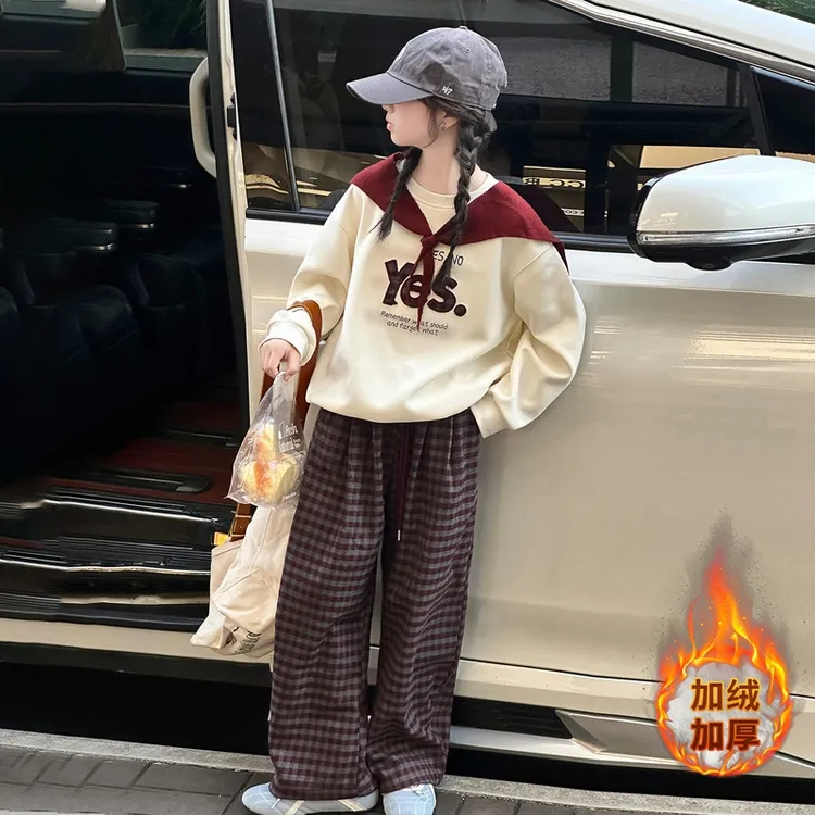 女童套装秋冬装2025新款披肩卫衣上衣女大童格子休闲裤秋季两件套