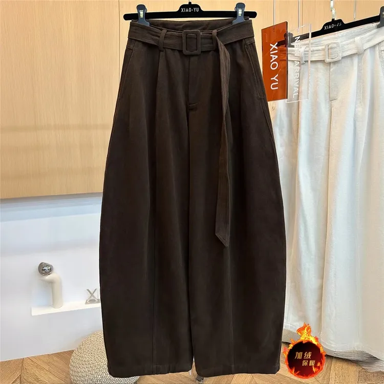 高端欧货冬季新款高级感加绒加厚配腰带纯棉宽松休闲弯刀阔腿裤女