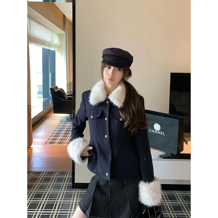 毛呢复古拼毛修身收腰夹克棉服外套女春秋季新款休闲通勤显瘦上衣