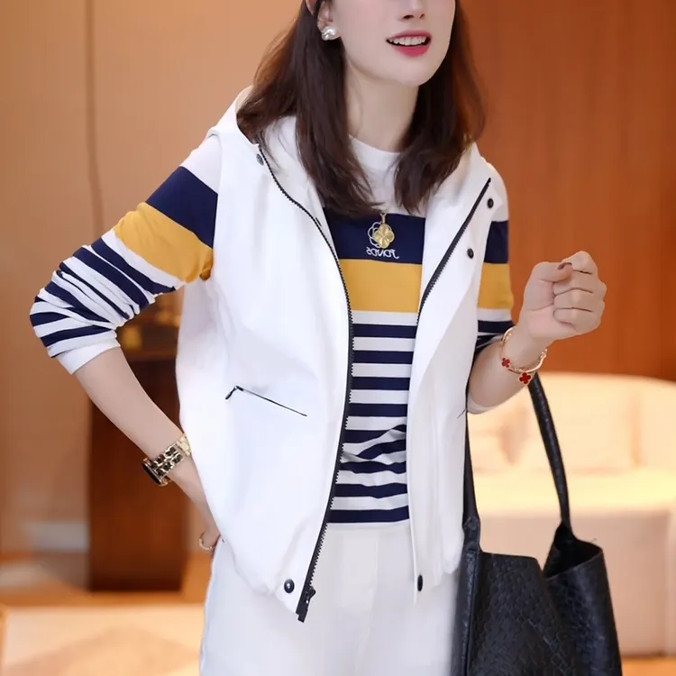 白色连帽运动风背心马甲女2025秋季新款时尚休闲百搭无袖外套上衣